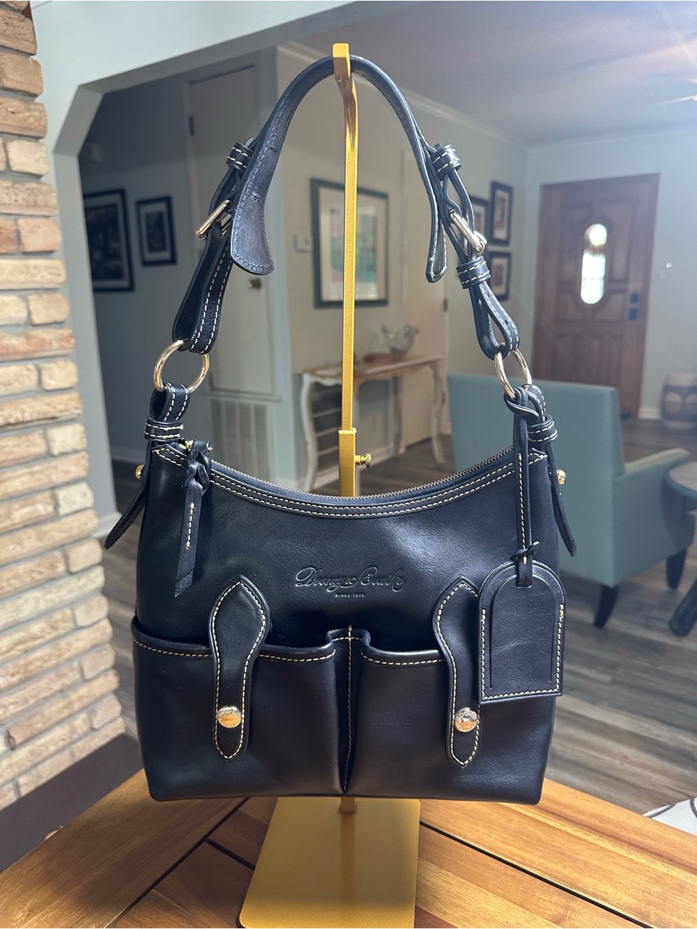 Dooney & Bourke Black Florentine Leather Shoulder Bag with Front Pockets